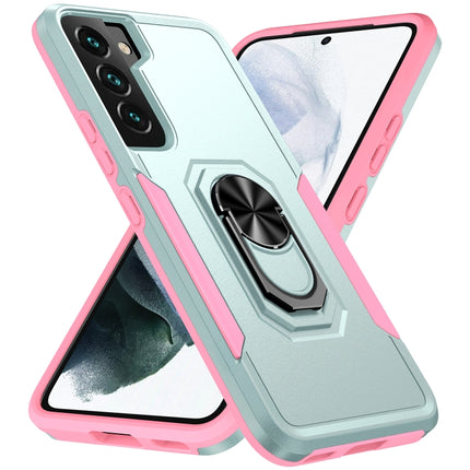For Samsung Galaxy S22+ 5G Pioneer Armor Heavy Duty PC + TPU Holder Phone Case(Green + Pink)-garmade.com