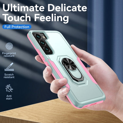 For Samsung Galaxy S22+ 5G Pioneer Armor Heavy Duty PC + TPU Holder Phone Case(Green + Pink)-garmade.com