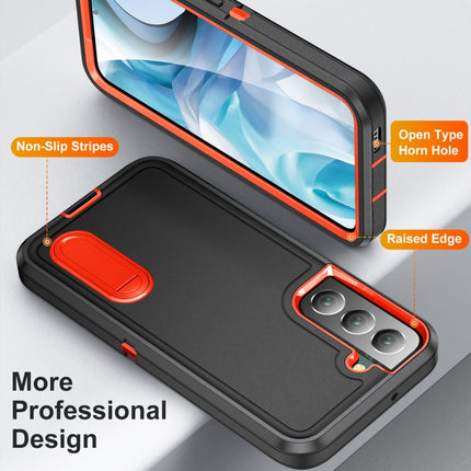 For Samsung Galaxy S22+ 5G 3 in 1 Rugged Holder Phone Case(Black+Orange)-garmade.com