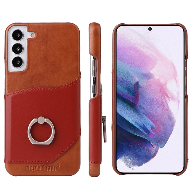 For Samsung Galaxy S22+ 5G Fierre Shann Oil Wax Texture Genuine Leather Back Phone Case with 360 Degree Rotation Holder & Card Slot(Brown)-garmade.com