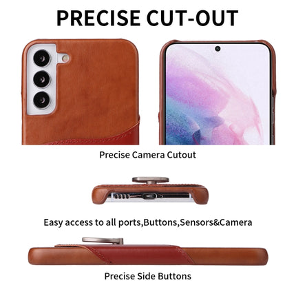 For Samsung Galaxy S22+ 5G Fierre Shann Oil Wax Texture Genuine Leather Back Phone Case with 360 Degree Rotation Holder & Card Slot(Brown)-garmade.com