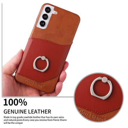 For Samsung Galaxy S22+ 5G Fierre Shann Oil Wax Texture Genuine Leather Back Phone Case with 360 Degree Rotation Holder & Card Slot(Brown)-garmade.com