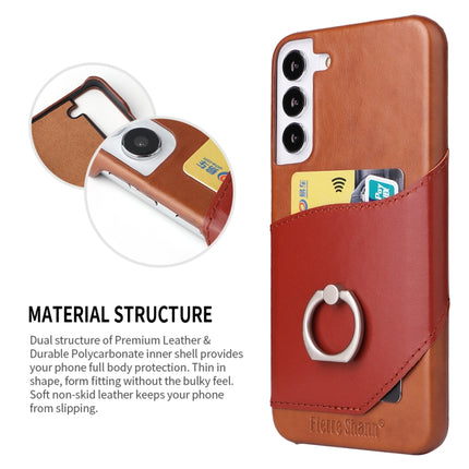 For Samsung Galaxy S22+ 5G Fierre Shann Oil Wax Texture Genuine Leather Back Phone Case with 360 Degree Rotation Holder & Card Slot(Brown)-garmade.com