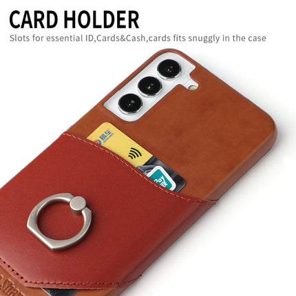 For Samsung Galaxy S22+ 5G Fierre Shann Oil Wax Texture Genuine Leather Back Phone Case with 360 Degree Rotation Holder & Card Slot(Brown)-garmade.com
