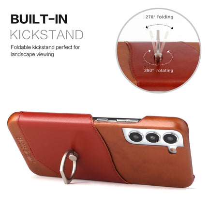 For Samsung Galaxy S22+ 5G Fierre Shann Oil Wax Texture Genuine Leather Back Phone Case with 360 Degree Rotation Holder & Card Slot(Brown)-garmade.com