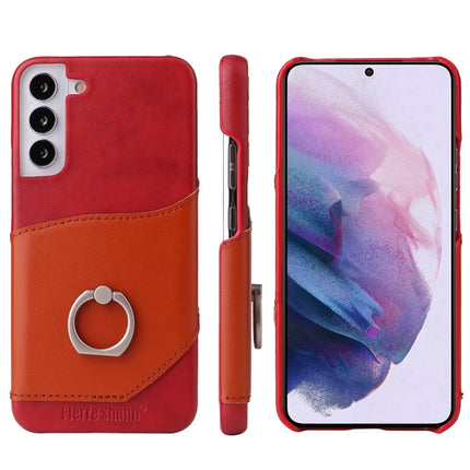 For Samsung Galaxy S22+ 5G Fierre Shann Oil Wax Texture Genuine Leather Back Phone Case with 360 Degree Rotation Holder & Card Slot(Red)-garmade.com