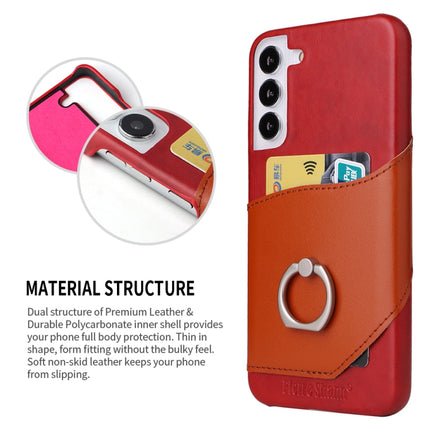 For Samsung Galaxy S22+ 5G Fierre Shann Oil Wax Texture Genuine Leather Back Phone Case with 360 Degree Rotation Holder & Card Slot(Red)-garmade.com