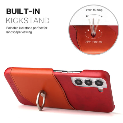 For Samsung Galaxy S22+ 5G Fierre Shann Oil Wax Texture Genuine Leather Back Phone Case with 360 Degree Rotation Holder & Card Slot(Red)-garmade.com