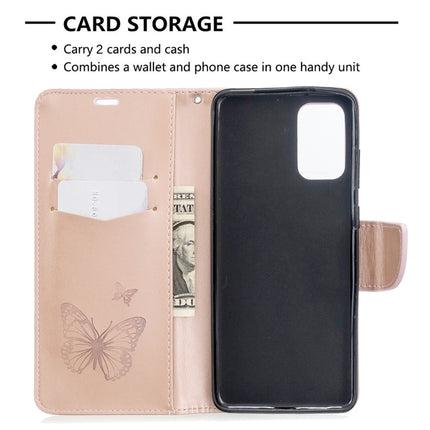 For Galaxy S20+ Embossing Two Butterflies Pattern Horizontal Flip PU Leather Case with Holder & Card Slot & Wallet & Lanyard(Gold)-garmade.com
