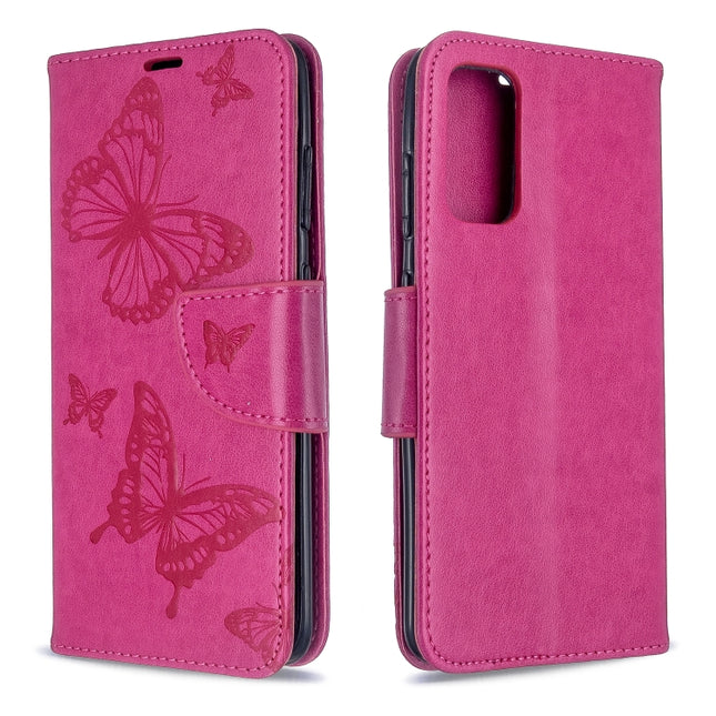 For Galaxy S20 Embossing Two Butterflies Pattern Horizontal Flip PU Leather Case with Holder & Card Slot & Wallet & Lanyard(Rose Red)-garmade.com