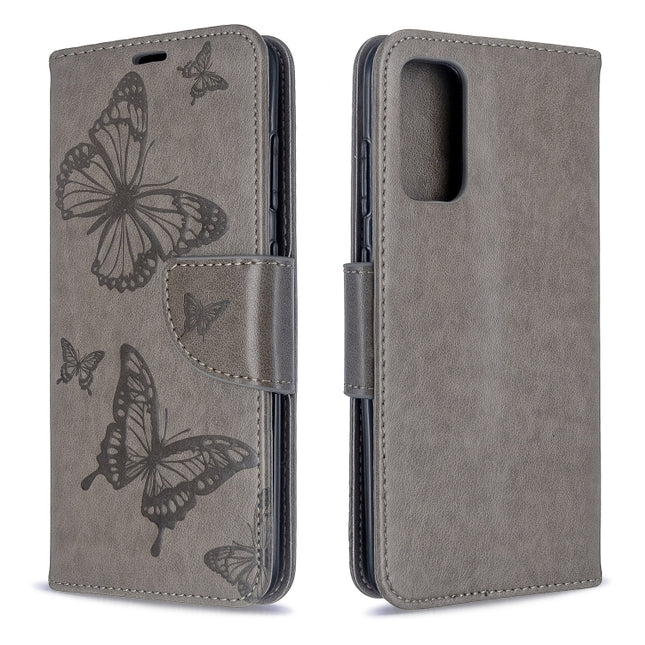For Galaxy S20 Embossing Two Butterflies Pattern Horizontal Flip PU Leather Case with Holder & Card Slot & Wallet & Lanyard(Grey)-garmade.com