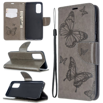 For Galaxy S20 Embossing Two Butterflies Pattern Horizontal Flip PU Leather Case with Holder & Card Slot & Wallet & Lanyard(Grey)-garmade.com