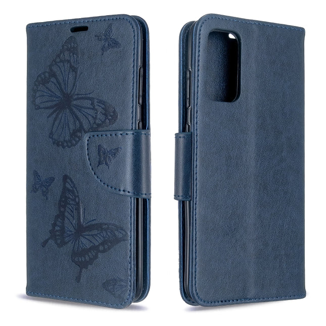 For Galaxy S20 Embossing Two Butterflies Pattern Horizontal Flip PU Leather Case with Holder & Card Slot & Wallet & Lanyard(Blue)-garmade.com
