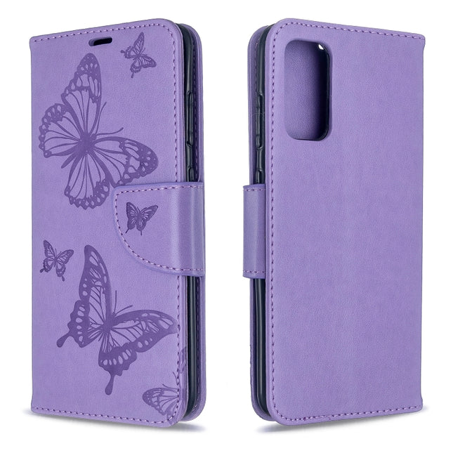 For Galaxy S20 Embossing Two Butterflies Pattern Horizontal Flip PU Leather Case with Holder & Card Slot & Wallet & Lanyard(Purple)-garmade.com