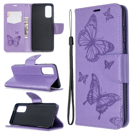 For Galaxy S20 Embossing Two Butterflies Pattern Horizontal Flip PU Leather Case with Holder & Card Slot & Wallet & Lanyard(Purple)-garmade.com