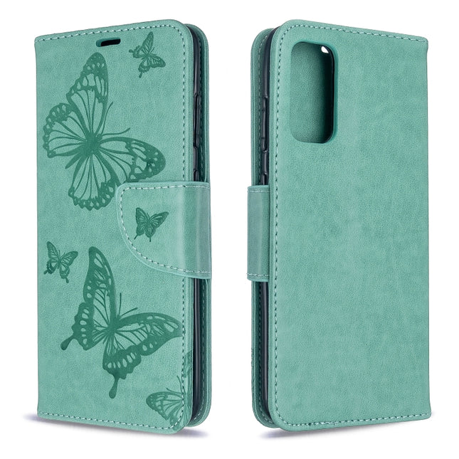 For Galaxy S20 Embossing Two Butterflies Pattern Horizontal Flip PU Leather Case with Holder & Card Slot & Wallet & Lanyard(Green)-garmade.com