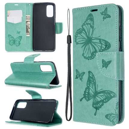 For Galaxy S20 Embossing Two Butterflies Pattern Horizontal Flip PU Leather Case with Holder & Card Slot & Wallet & Lanyard(Green)-garmade.com