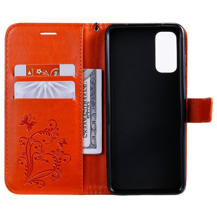 For Galaxy S20 Pressed Printing Butterfly Pattern Horizontal Flip PU Leather Case with Holder & Card Slots & Wallet & Lanyard(Orange)-garmade.com