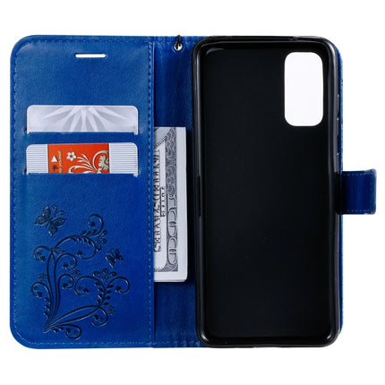 For Galaxy S20 Pressed Printing Butterfly Pattern Horizontal Flip PU Leather Case with Holder & Card Slots & Wallet & Lanyard(Blue)-garmade.com