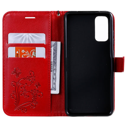 For Galaxy S20 Pressed Printing Butterfly Pattern Horizontal Flip PU Leather Case with Holder & Card Slots & Wallet & Lanyard(Red)-garmade.com