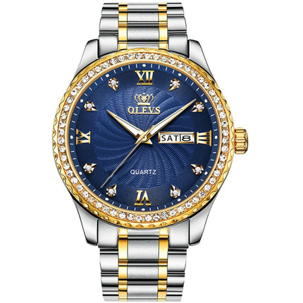 OLEVS 5565 Men Fashion Waterproof Stainless Steel Strap Diamond Quartz Watch(Blue)-garmade.com
