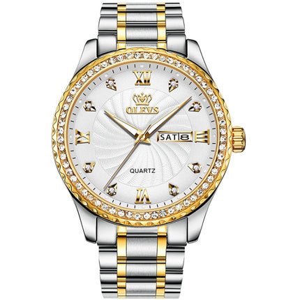 OLEVS 5565 Men Fashion Waterproof Stainless Steel Strap Diamond Quartz Watch(White)-garmade.com