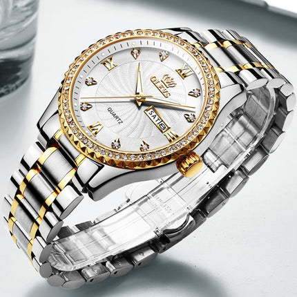 OLEVS 5565 Men Fashion Waterproof Stainless Steel Strap Diamond Quartz Watch(White)-garmade.com