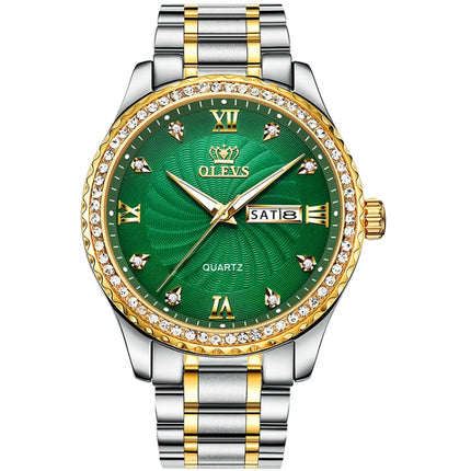 OLEVS 5565 Men Fashion Waterproof Stainless Steel Strap Diamond Quartz Watch(Green)-garmade.com