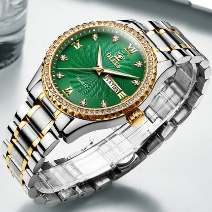 OLEVS 5565 Men Fashion Waterproof Stainless Steel Strap Diamond Quartz Watch(Green)-garmade.com