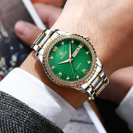 OLEVS 5565 Men Fashion Waterproof Stainless Steel Strap Diamond Quartz Watch(Green)-garmade.com