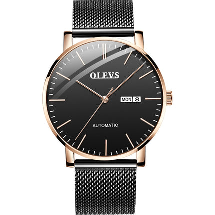 OLEVS 5882 Men Business Ultra-thin Waterproof Automatic Mechanical Watch(Steel Strap Gold Black)-garmade.com