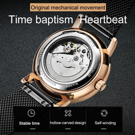 OLEVS 5882 Men Business Ultra-thin Waterproof Automatic Mechanical Watch(Steel Strap Gold Black)-garmade.com