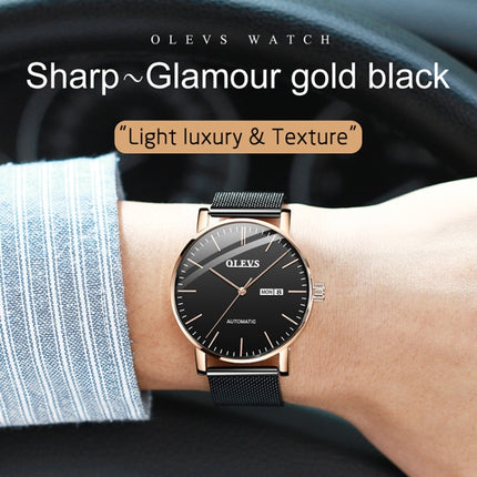 OLEVS 5882 Men Business Ultra-thin Waterproof Automatic Mechanical Watch(Steel Strap Gold Black)-garmade.com