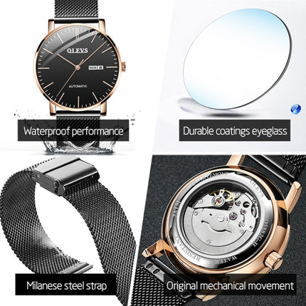 OLEVS 5882 Men Business Ultra-thin Waterproof Automatic Mechanical Watch(Steel Strap Gold Black)-garmade.com