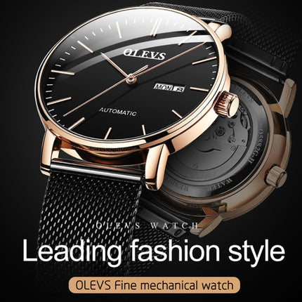 OLEVS 5882 Men Business Ultra-thin Waterproof Automatic Mechanical Watch(Steel Strap Gold Black)-garmade.com