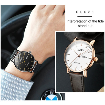 OLEVS 5882 Men Business Ultra-thin Waterproof Automatic Mechanical Watch(Leather Strap Black)-garmade.com