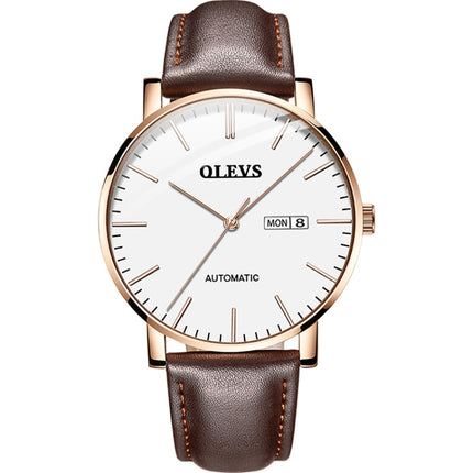 OLEVS 5882 Men Business Ultra-thin Waterproof Automatic Mechanical Watch(Leather Strap White)-garmade.com