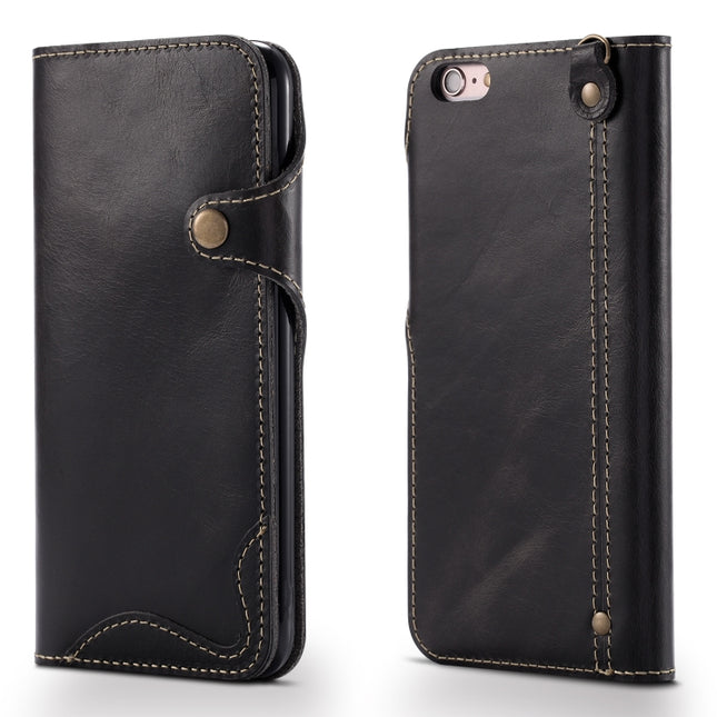 For iPhone 6 Denior Oil Wax Cowhide Magnetic Button Horizontal Flip Leather Case with Card Slots & Wallet(Black)-garmade.com