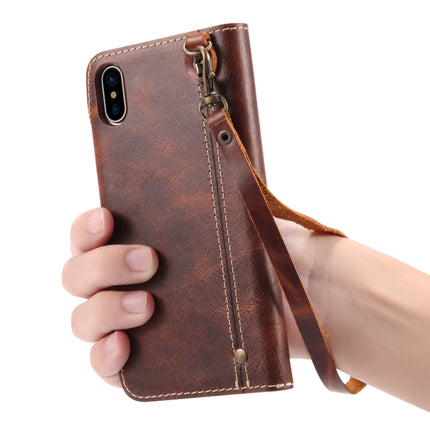 For iPhone X / XS Denior Oil Wax Cowhide Magnetic Button Horizontal Flip Leather Case with Card Slots & Wallet(Black)-garmade.com