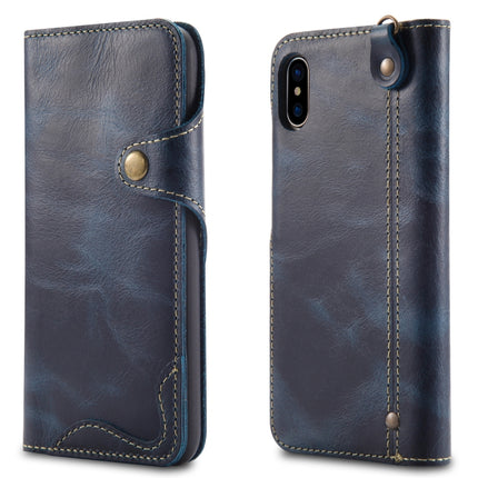 For iPhone X / XS Denior Oil Wax Cowhide Magnetic Button Horizontal Flip Leather Case with Card Slots & Wallet(Dark Blue)-garmade.com