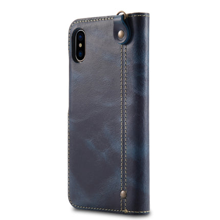 For iPhone X / XS Denior Oil Wax Cowhide Magnetic Button Horizontal Flip Leather Case with Card Slots & Wallet(Dark Blue)-garmade.com