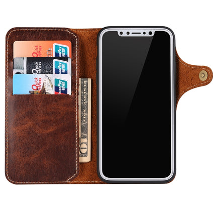For iPhone X / XS Denior Oil Wax Cowhide Magnetic Button Horizontal Flip Leather Case with Card Slots & Wallet(Brown)-garmade.com