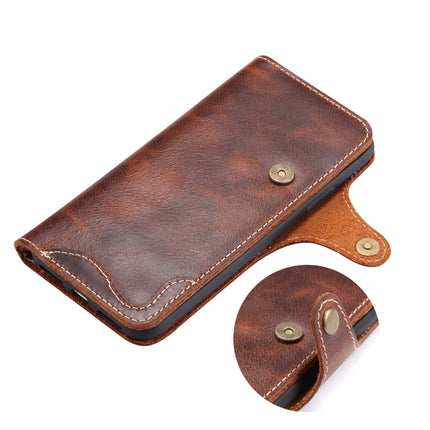 For iPhone X / XS Denior Oil Wax Cowhide Magnetic Button Horizontal Flip Leather Case with Card Slots & Wallet(Brown)-garmade.com