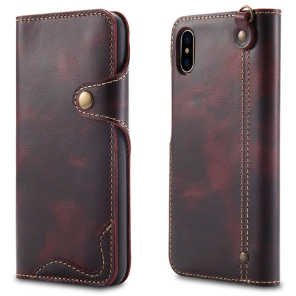 For iPhone X / XS Denior Oil Wax Cowhide Magnetic Button Horizontal Flip Leather Case with Card Slots & Wallet(Dark Red)-garmade.com