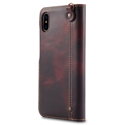 For iPhone X / XS Denior Oil Wax Cowhide Magnetic Button Horizontal Flip Leather Case with Card Slots & Wallet(Dark Red)-garmade.com
