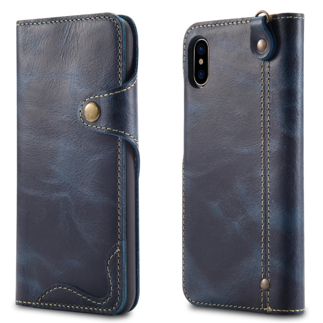 For iPhone XS Max Denior Oil Wax Cowhide Magnetic Button Horizontal Flip Leather Case with Card Slots & Wallet(Dark Blue)-garmade.com