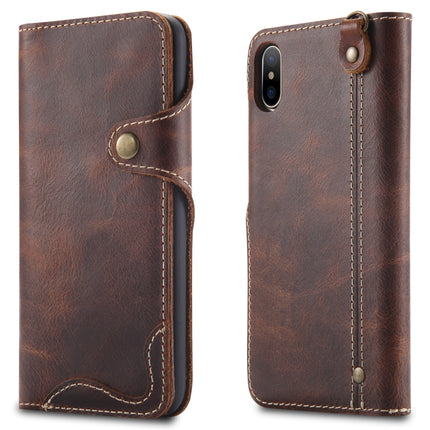 For iPhone XS Max Denior Oil Wax Cowhide Magnetic Button Horizontal Flip Leather Case with Card Slots & Wallet(Brown)-garmade.com