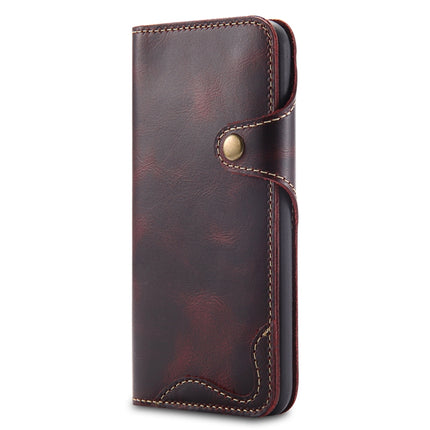 For iPhone XS Max Denior Oil Wax Cowhide Magnetic Button Horizontal Flip Leather Case with Card Slots & Wallet(Dark Red)-garmade.com
