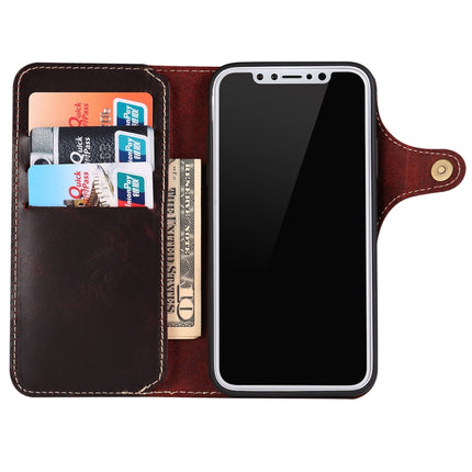 For iPhone XS Max Denior Oil Wax Cowhide Magnetic Button Horizontal Flip Leather Case with Card Slots & Wallet(Dark Red)-garmade.com