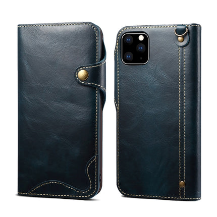 For iPhone 11 Denior Oil Wax Cowhide Magnetic Button Horizontal Flip Leather Case with Card Slots & Wallet(Dark Blue)-garmade.com